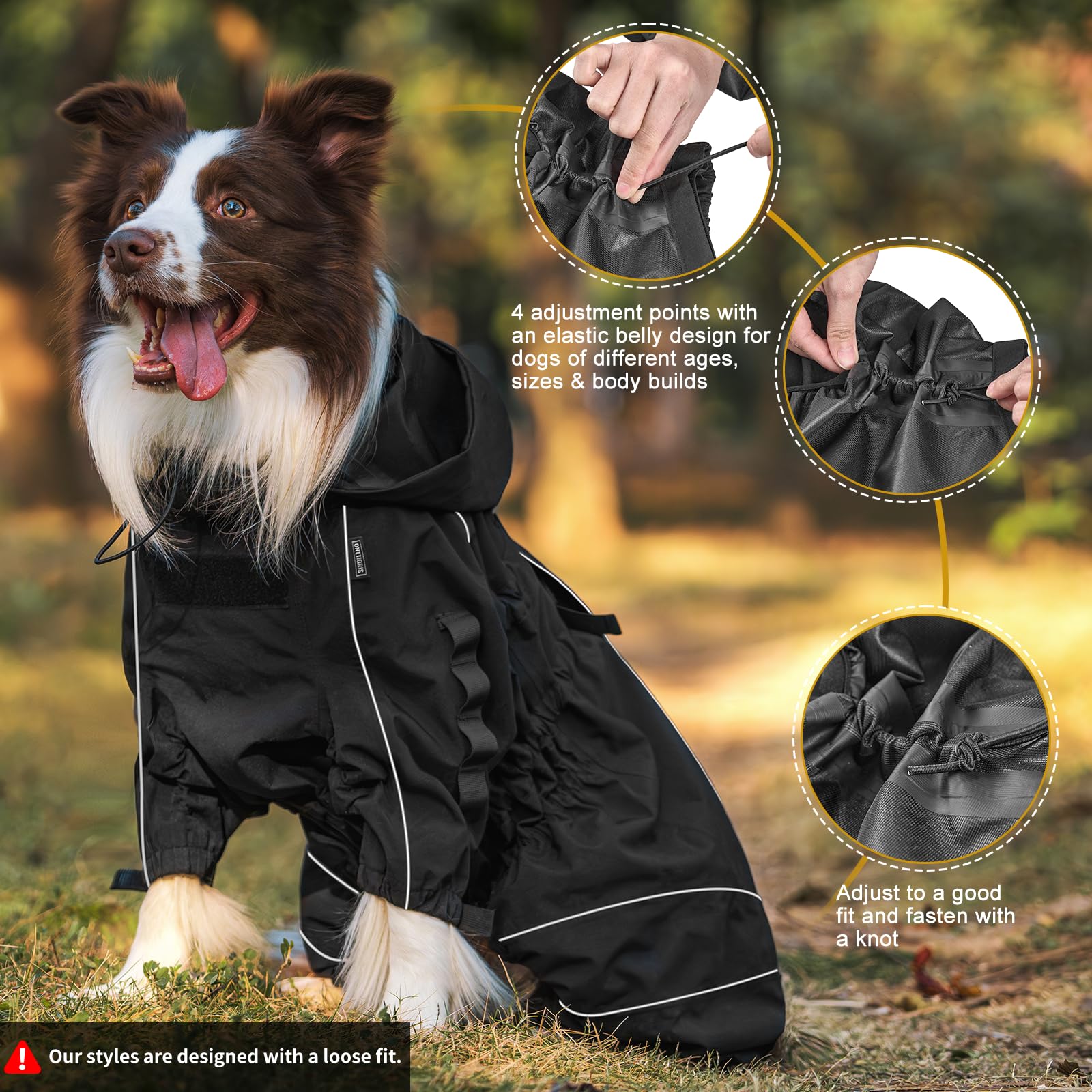 OneTigris Dog Raincoat with Hood for Medium Large Dogs, Waterproof & Reflective, 4 Legs Dog Rain Jacket Adjustable Puppy Poncho for The Rain and Snow (Black, Medium)