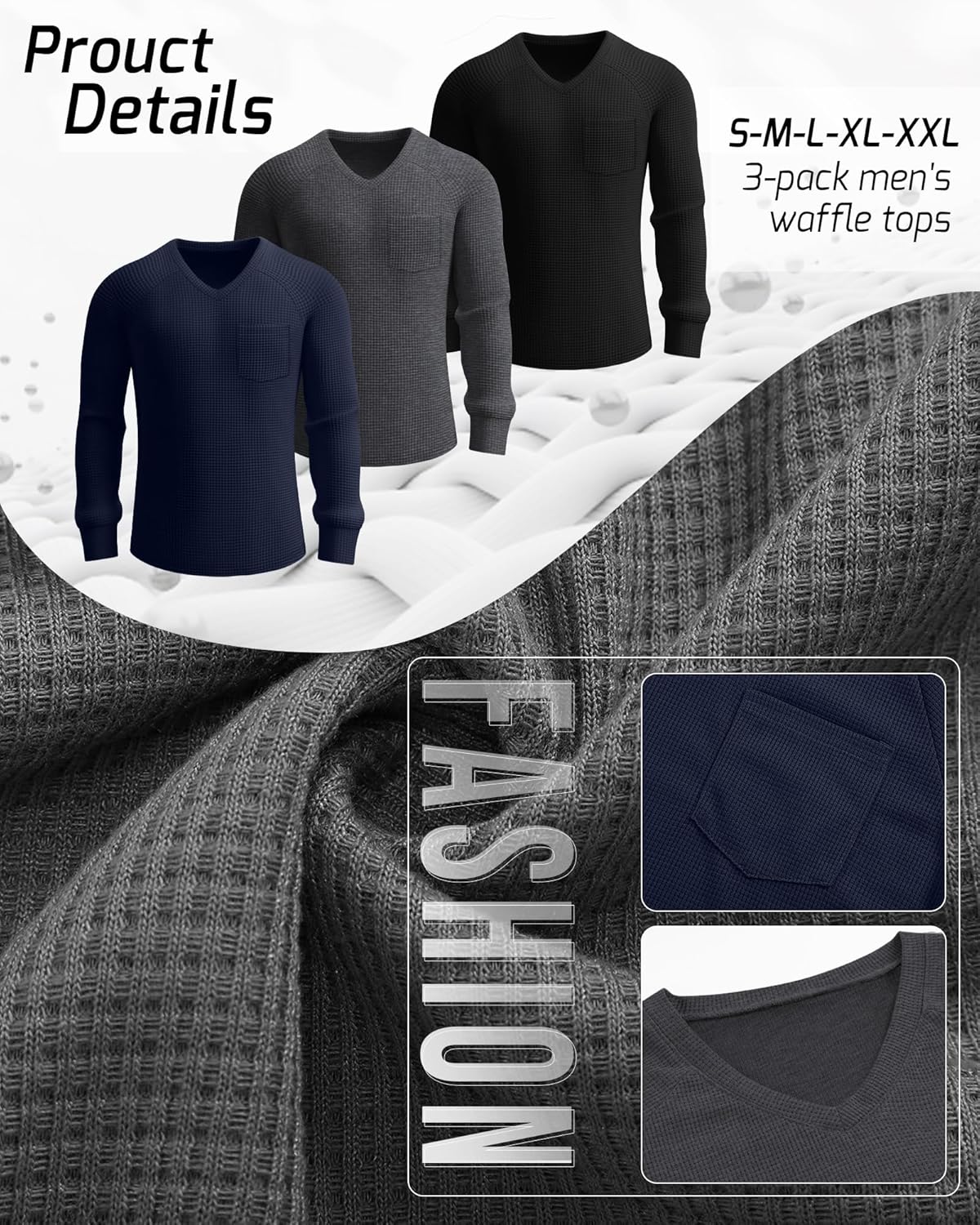 3 Pack Men's Waffle Shirts Long Sleeve V Neck Raglan Sleeve Knit Tops Casual Thermal Undershirts with Pocket Regular