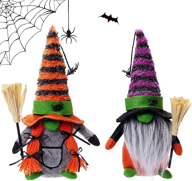 2 Pieces Halloween Gonks Handmade Halloween Gnomes Plush Decoration, Halloween Decor Gnome Faceless Doll with Broom, Autumn Gnomes Plush Doll Halloween Home Table Ornaments