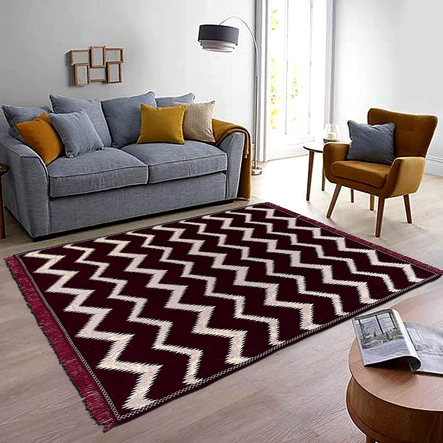 Linen Basics Premium Chenille Living Room Carpet, Area Rug, Durries in Zigzag Style (3X5 Feet, Brown) (Maroon, 3X5 Feet)