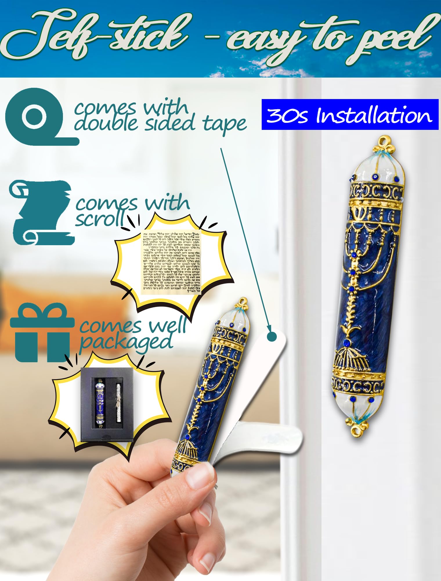 Zivosely Exquisite Enamel Design Mezuzah with Scroll, Easy Install Use Double-Sided Tape, Royal Blue Mezuzah for Door with Crystal Diamond Accent for Any Memorable Jewish Occasions, 3.8”