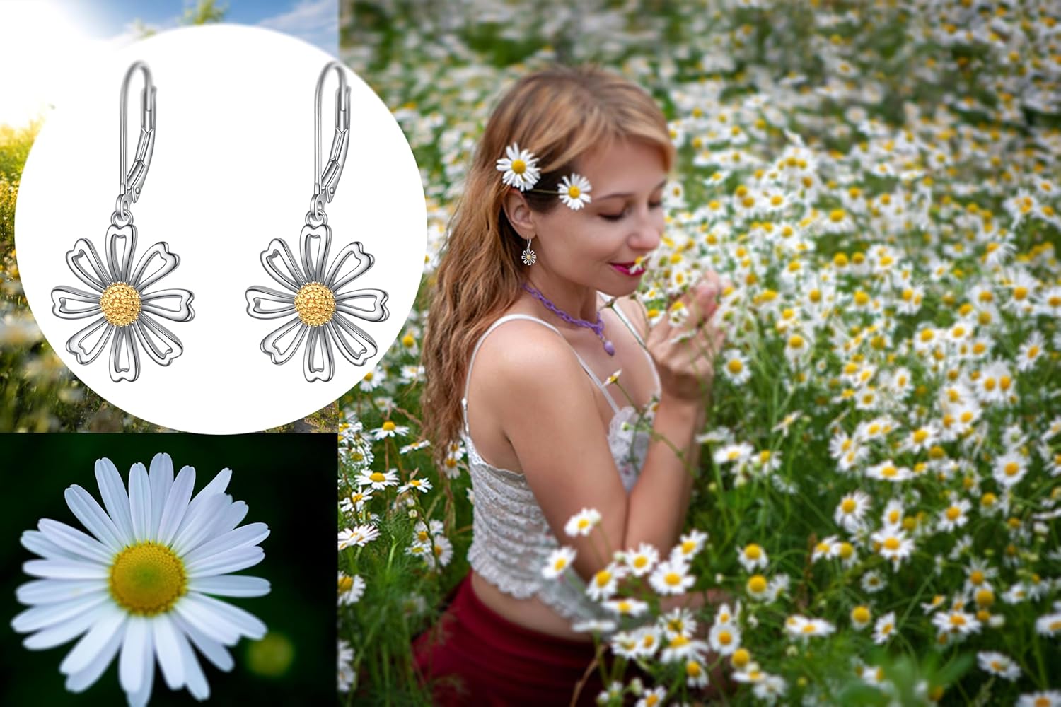 Rnivida 925 Sterling Silver Daisy Earrings for Women,Hypoallergenic Leverback Drop Dangle Earrings Flower Jewelry Gifts for Sensitive Ears - Image 6