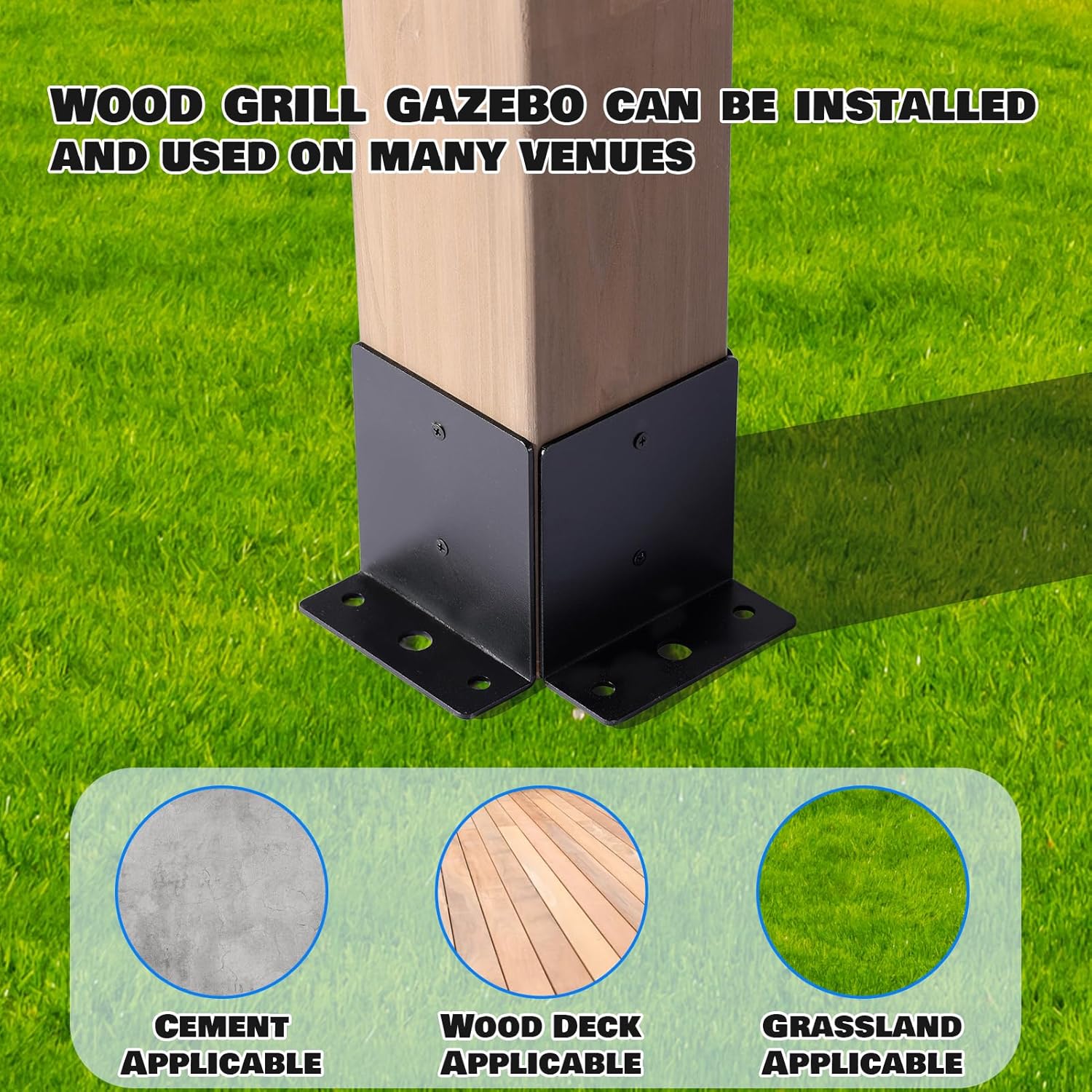 Close-up of a gazebo post base plate secured to the ground, with labels indicating applicability for cement, wood deck, and grassland.