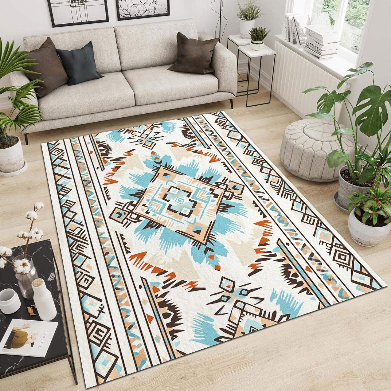 Tappeto Azteco con Motivo Geometrico, Etnico del Sud-Ovest, Lavabile, Antiscivolo, Stile Country, per Soggiorno, Camera da Letto, 80x200cm