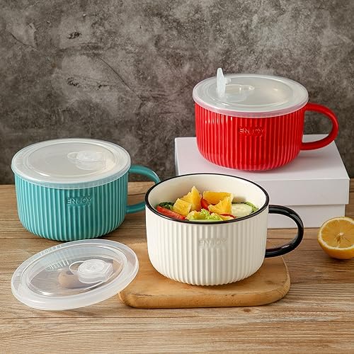 Miniatura 5 de Seyatoo Tazón de sopa de cerámica con tapa, taza de sopa con tapa de mano y hermética, taza de sopa grande para microondas para cereales, ensalada,