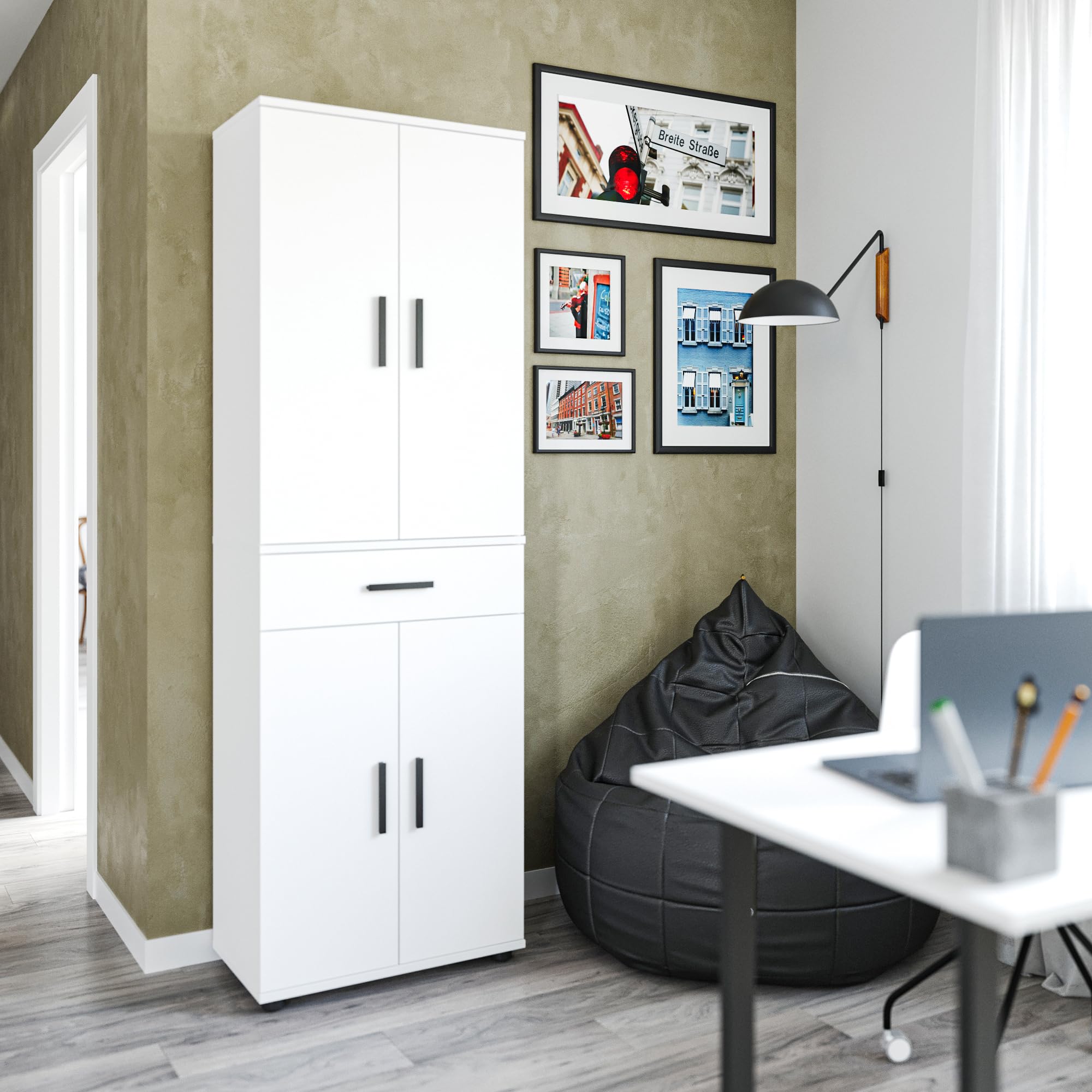 KOMTO Mehrzweckschrank 60 cm Breit - Schrank Weiß, Kleiderschrank mit 1 Schublade, Hochschrank, Büroschrank, Bücherschrank mit 4 Türen | Porto 180 х 34 х 60 cm