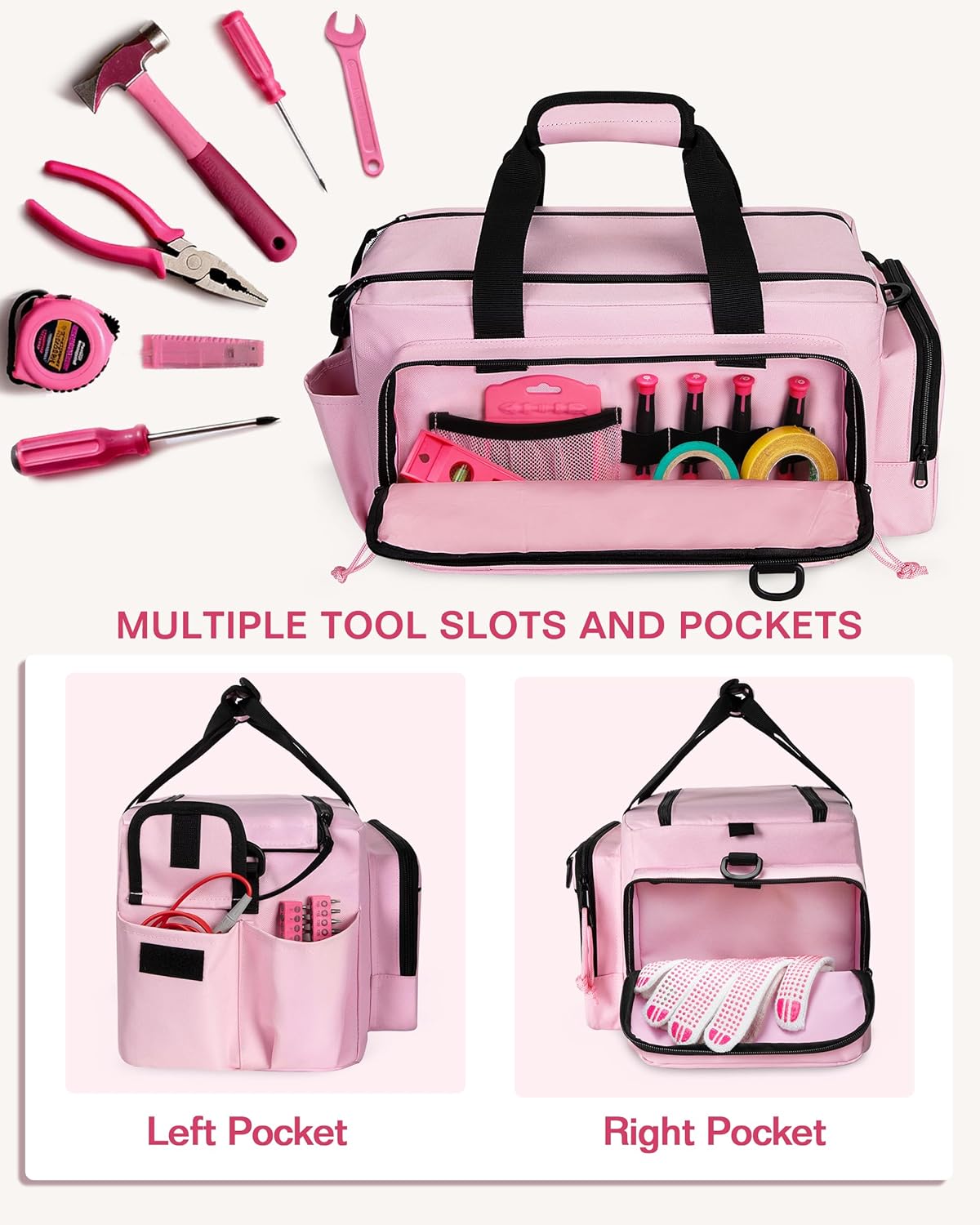 Tactical Tool Bag for Women, 16 Inches Tool Storage Organizer Box with Wide Mouth, Large Toolbag Toolbox with Handle, Pink (Empty Bag Only) - Image 3
