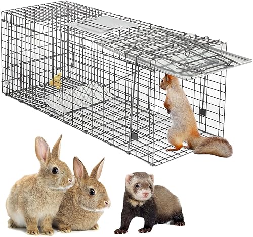 Miniatura 3 de JungleA Jaula de trampa para animales, jaula plegable de 32 pulgadas con 1 puerta de hierro, trampa humana para roedores para mapaches, gatos