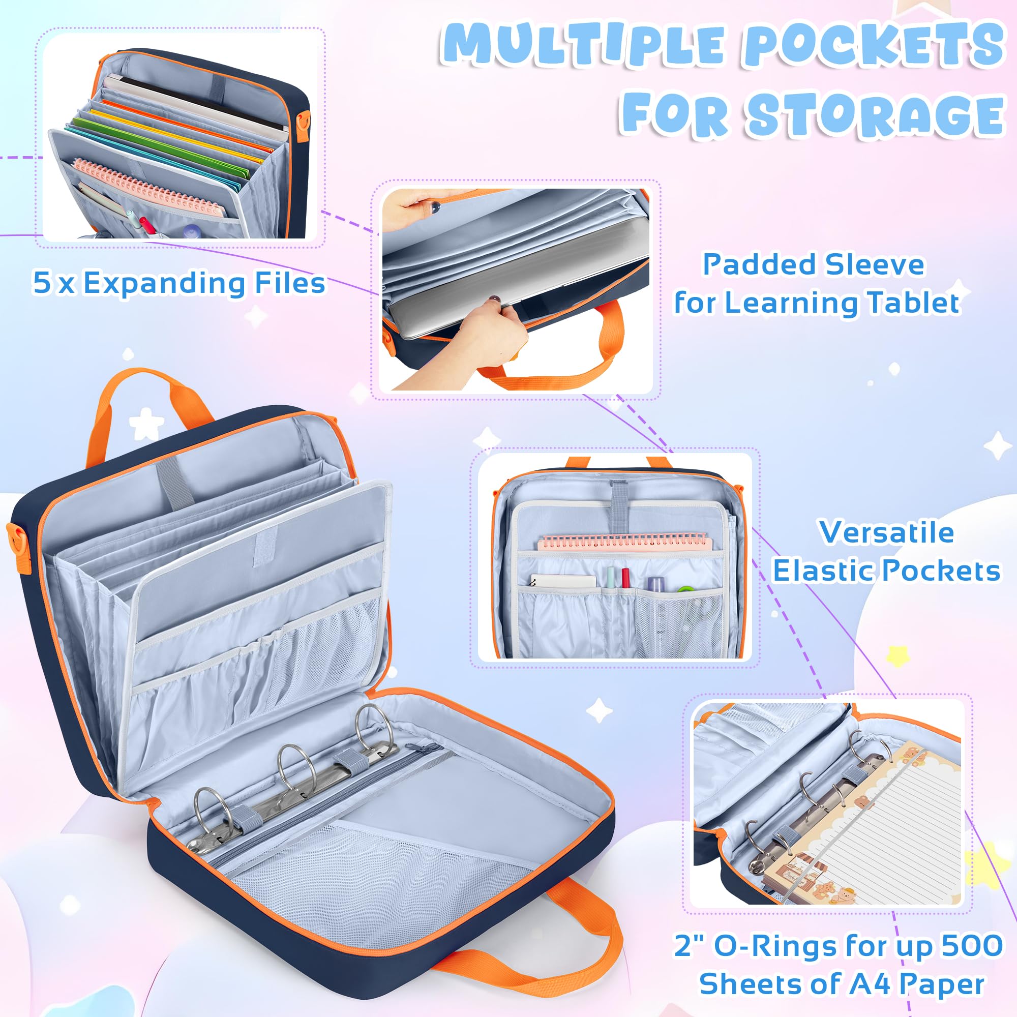 YARWO Ringordner Tasche für Jungen Mädchen 3 Ring Ordner für 500 Blätter mit ausziehbaren Fächern verstellbarer Trageriemen Akkordeon Organizer passend für 13" Laptop, Lern Tablet Schreibwaren, Marine