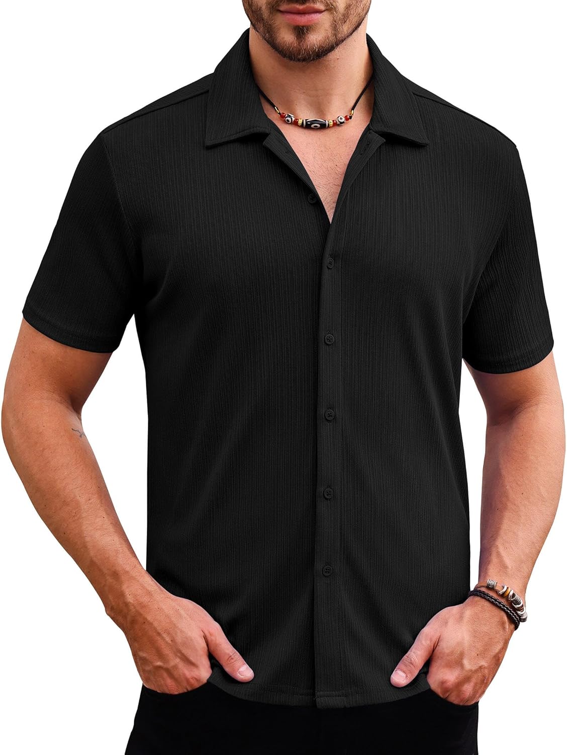 Lusead Men's Knit Shirts Short Sleeve Casual Button Down