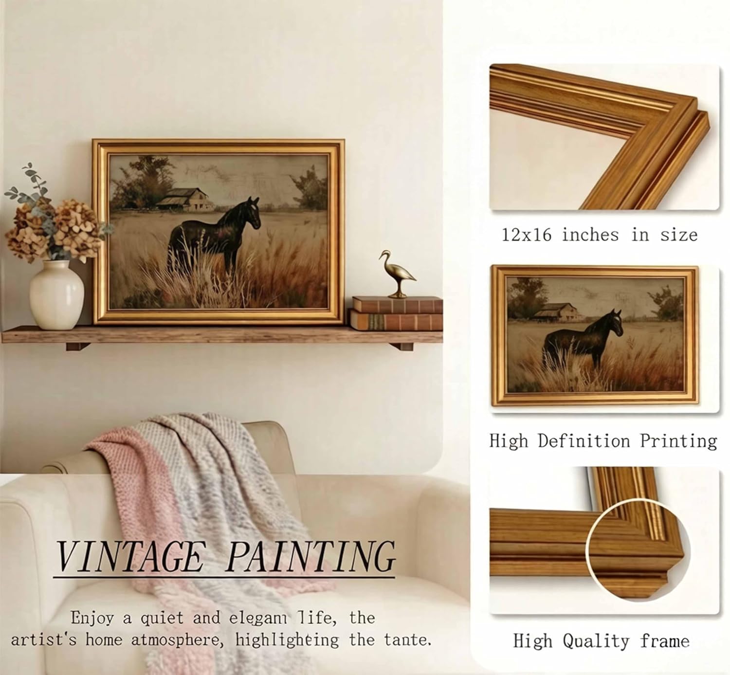 Gold Framed Black Horse Canvas Wall Art Rustic Farmhouse Horse in Wheat Field Oil Painting Picture Decor Vintage Nature landscape Poster Print Artwork for Living Room Bedroom Study Dining Room 12x16