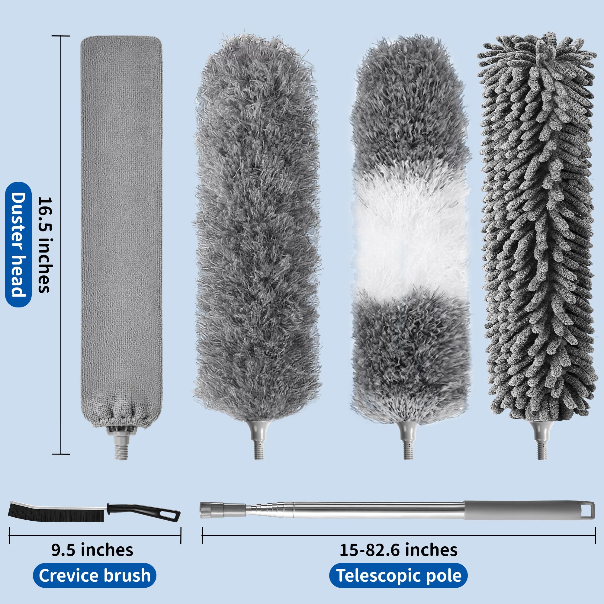 Plumero atrapapolvo Lavable, Kit de 9. ¡Plumero telescópico Extensible de 250 cm con Cabeza Flexible! Limpia sin Esfuerzo techos Altos, bajo Muebles, Grietas y telarañas