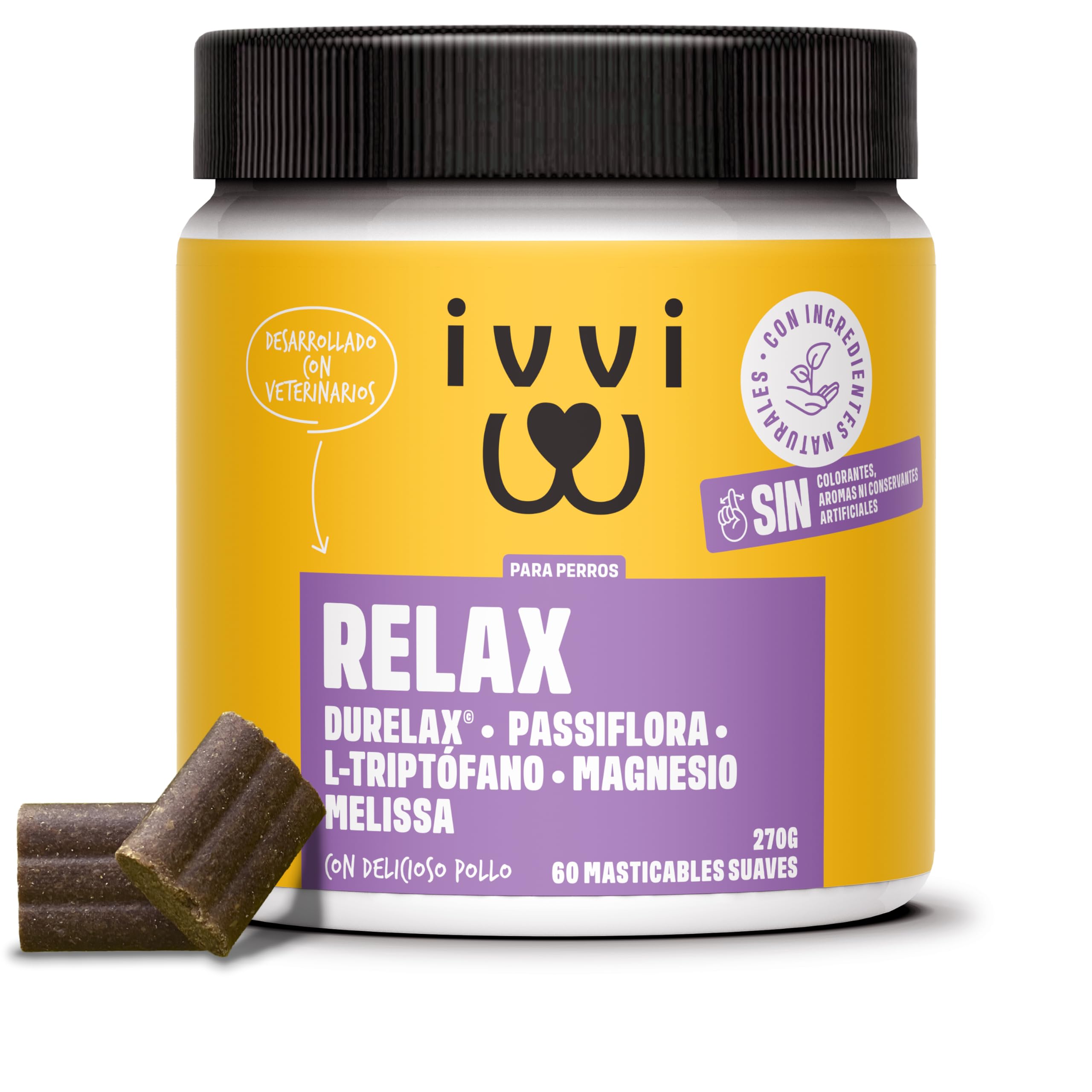 ivvi Relax - Calmante para Perros con L-triptófano para la ansiedad, el estrés y para calmar - 60 sabrosos Snacks con Pollo