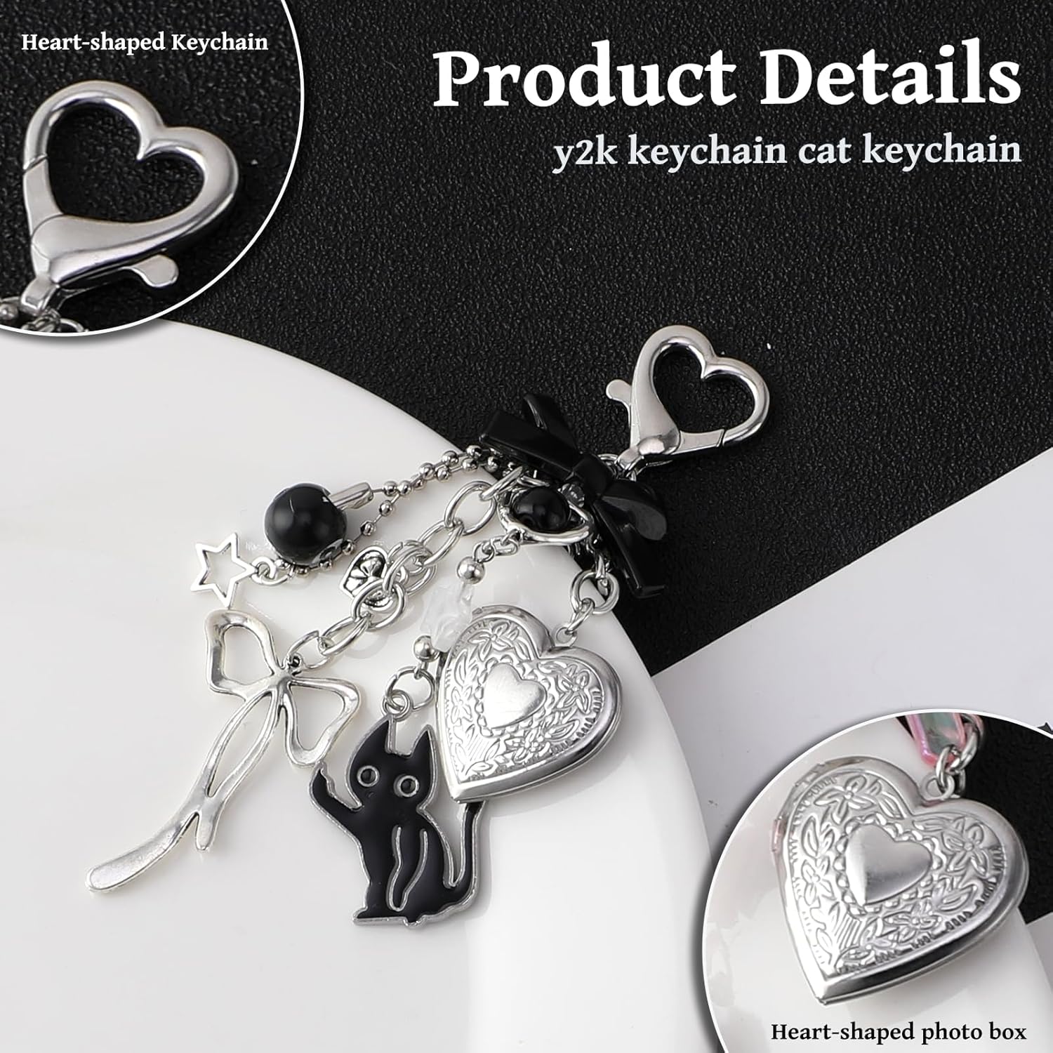 Y2k Aesthetic Silver Keychain Charms - Bag Charm Bowknot Heart Locket Photo Key Chain Accessories for Keys Purse - Image 4