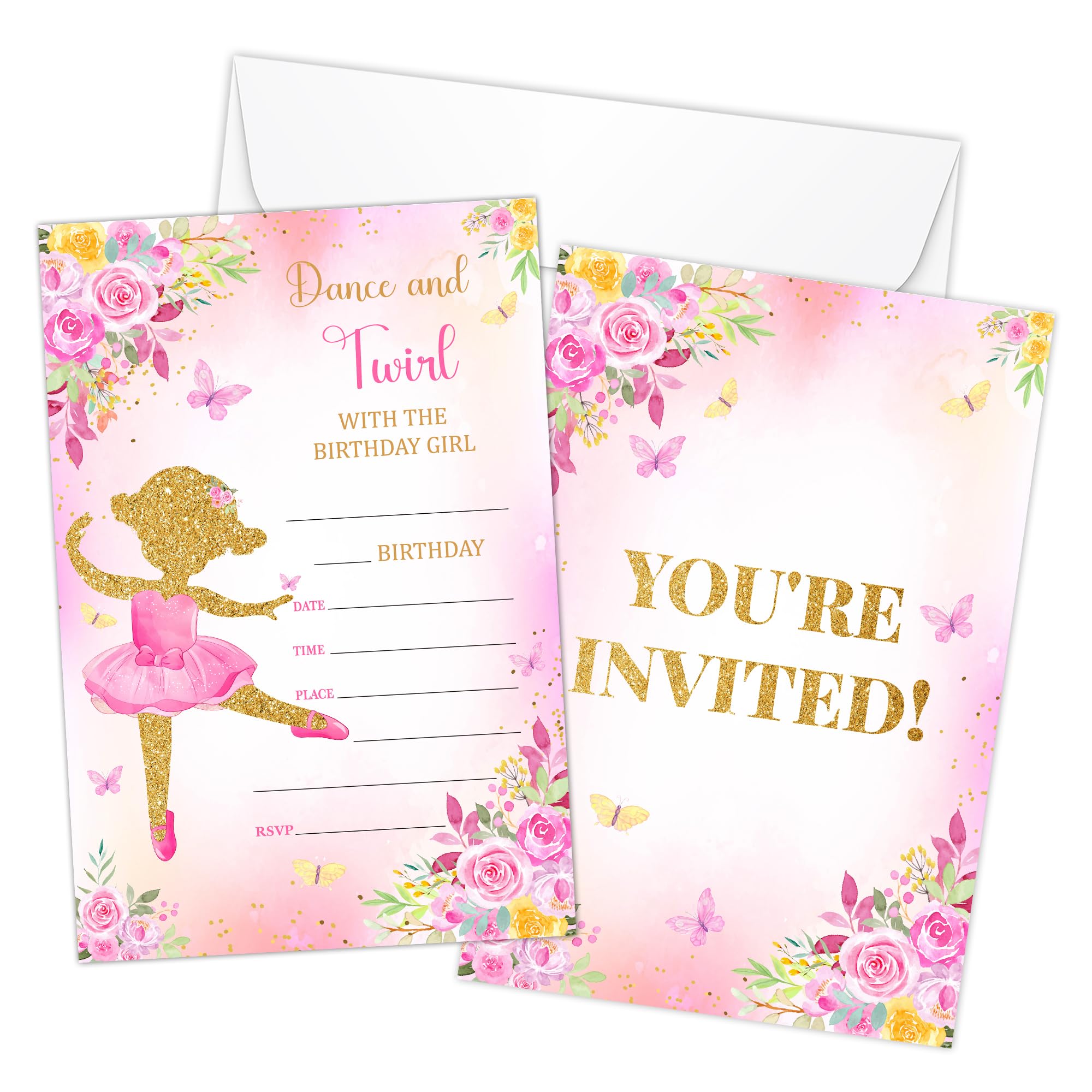 Ballet Themed Dance and Twirl Birthday Invitations for Girls, Ballerina Party invite, Birthday Party Invitations Supplies, Birthday Decorations for Any Age - 20 Invites With Envelopes -(010)