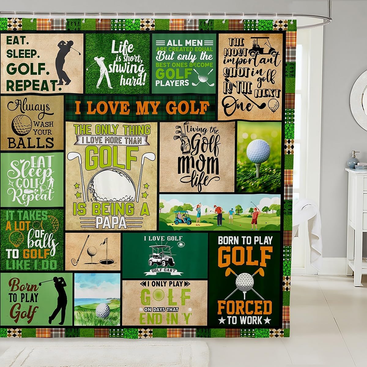 Golf Kids Shower Curtains,Golf Clubs Ball Sports Games Fashion Bathroom Curtains for Girls Boys Adults,Geometric Plaids Patchwork Colorful Green Waterproof Curtains,12 Hooks Suits,72"W x 78"L