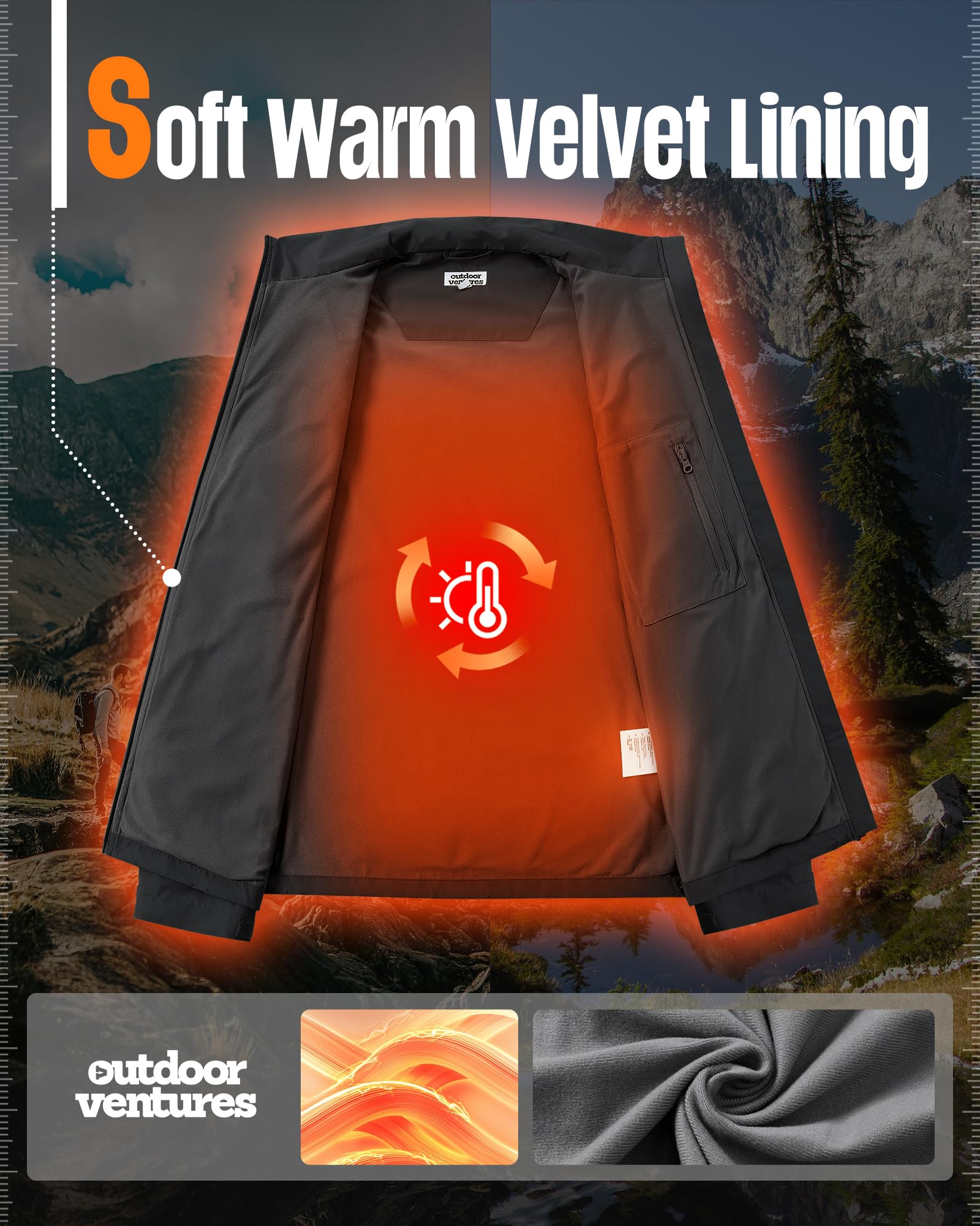 Outdoor Ventures Wodoszczelna kurtka męska, z podszewką polarową, przejściowa, kurtka żeglarska, kurtka softshellowa, kurtka sportowa, na wędrówki, kemping, wędkowanie