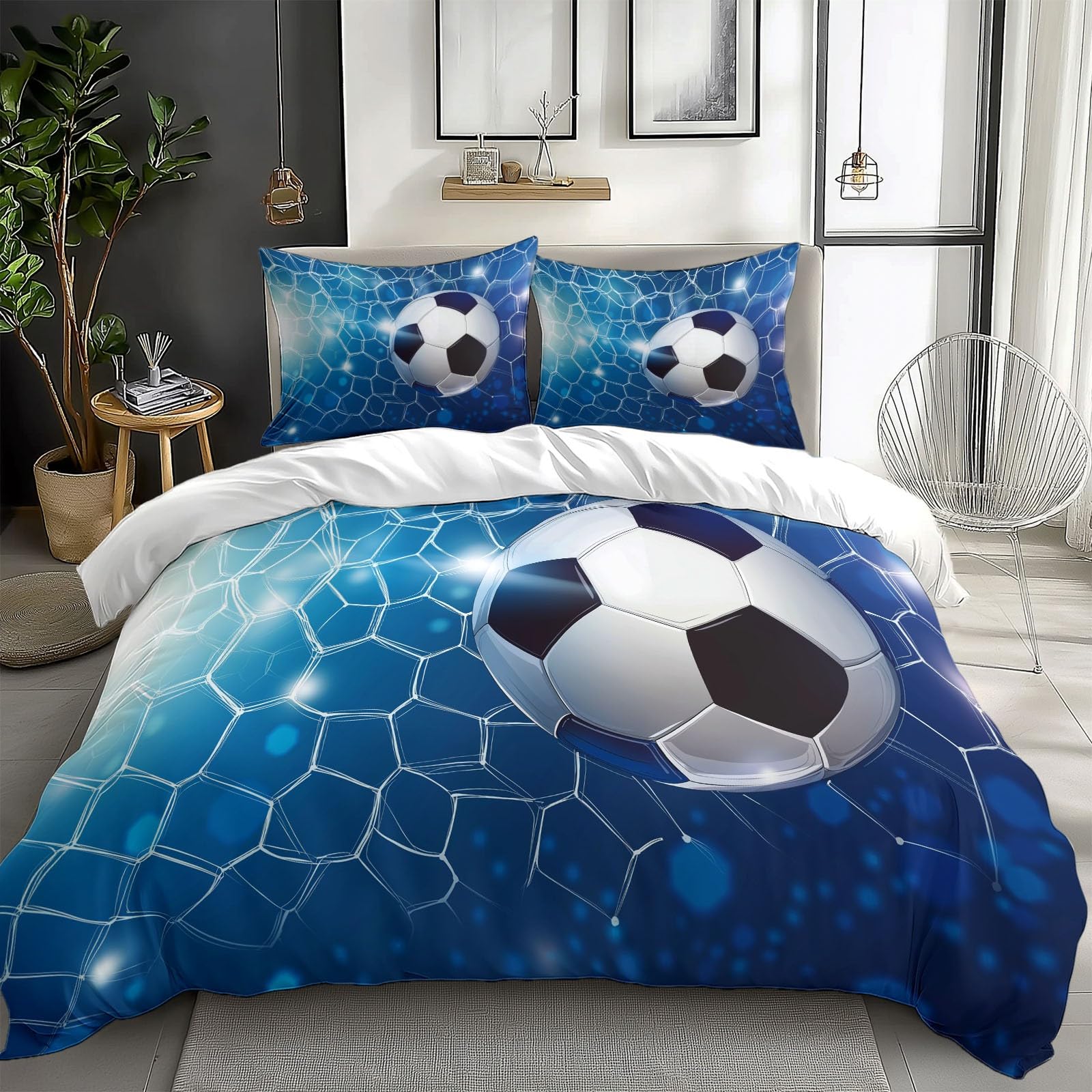Housse de couette 200x200 cm étoiles de football bleues pour lit double