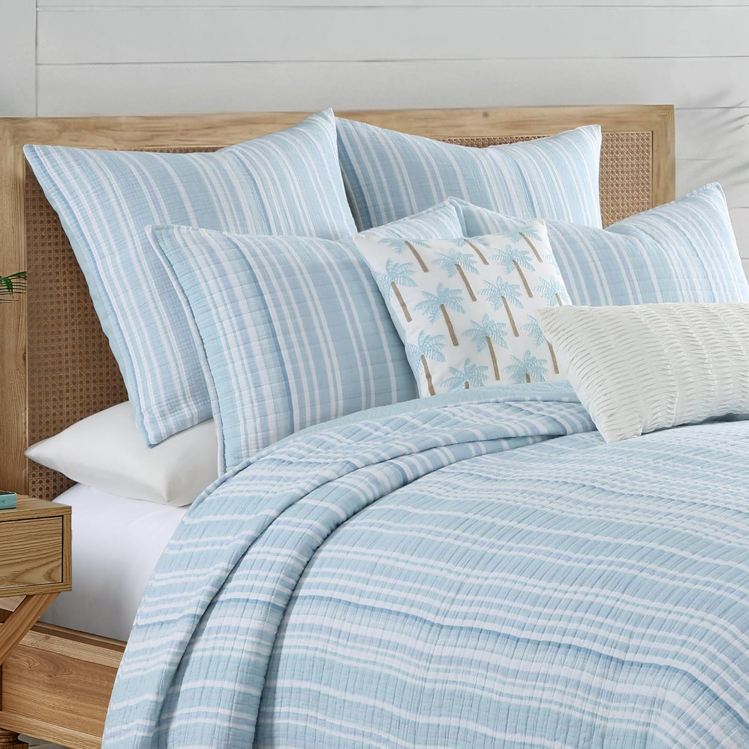 Levtex Home Boracay Euro Sham Set – Set of 2 Euro Shams (26x26in) – Textured Striped Design – Aqua and White – Cotton Muslin – Tie Closure – No Insert Included