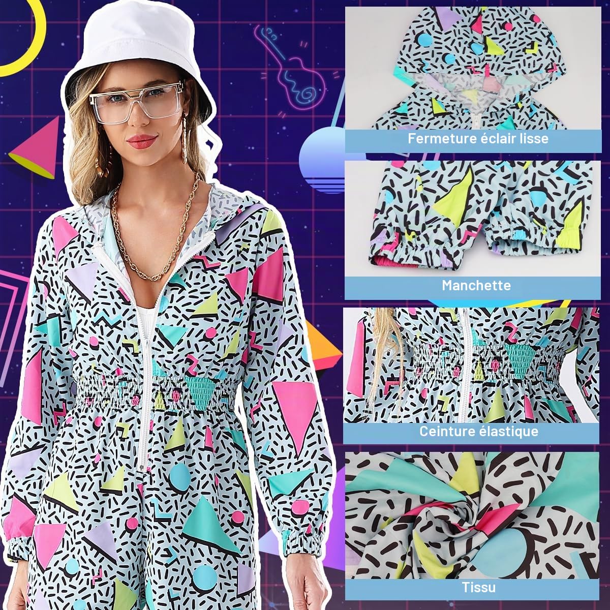 Kit Déguisement Année 80 90 Combinaison Femme avec Accessoire, Survêtement à Capuche Jogging avec Chapeau de Ghetto Gonflable, Lunettes, Collier, Boucles d'oreilles, Carnaval, Fête à Thème Tenue