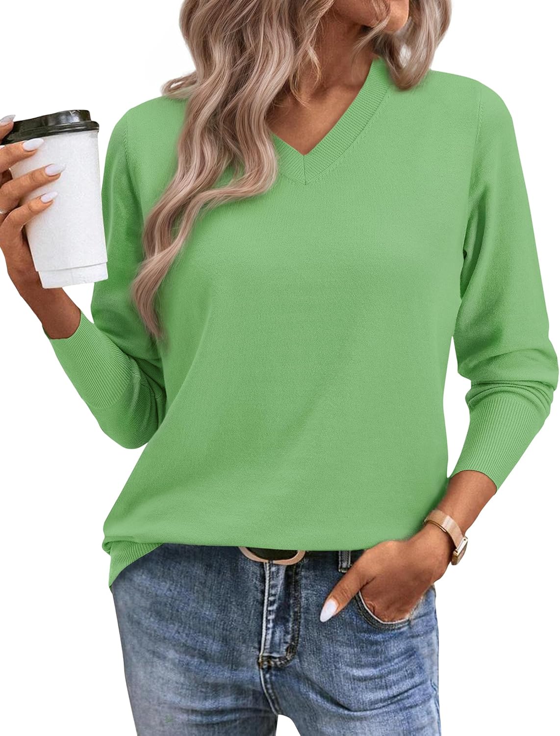 Women's Spring Sweaters 2026 Casual Long Sleeve Pullover V Neck Lightweight Sweatshirts Cute Blouse Tops