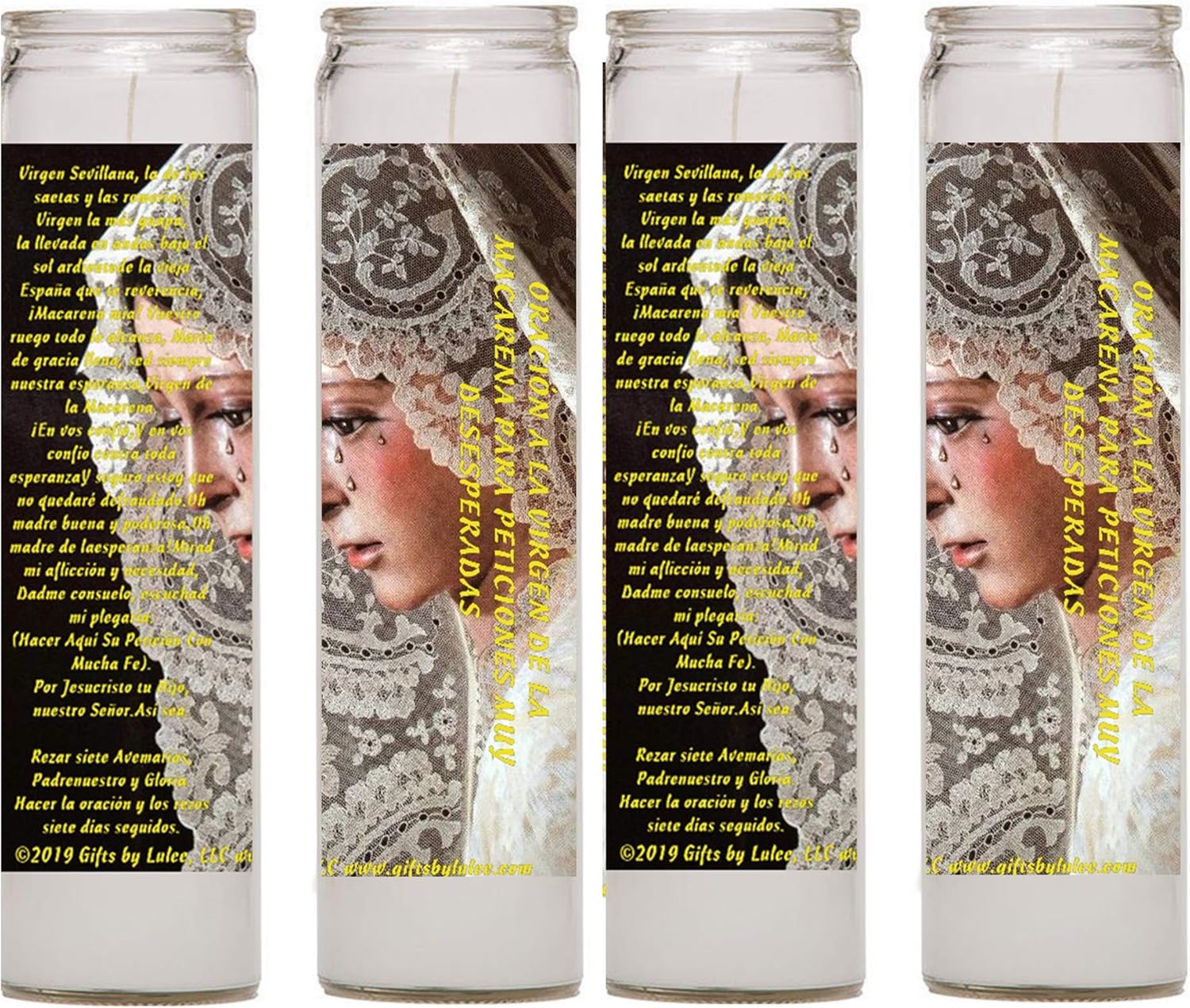 Gifts by Lulee, LLC Virgen de la Macarena o Esperanza de la Macarena de Sevilla Set de 2 o 4 Veladoras Velas of Two 2 Glass Candles with Prayer (4)
