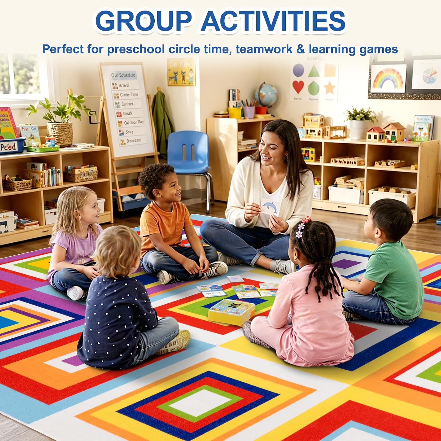 Classroom Rug for Kids, 6x9 ft Non-Slip Classroom Seating Carpet, Preschool Circle Time Rug for Kindergarten Daycare Nursery, Playroom Reading Corner Floor Mat, 20 Seats