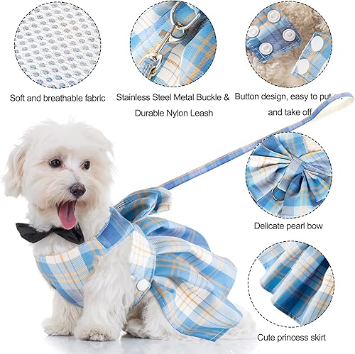 Miniatura 3 de 4 piezas de vestido a cuadros para perro, arnés con corbatín, arnés para perros pequeños, lindo perro, mascota, niña, cachorro, ropa de verano para