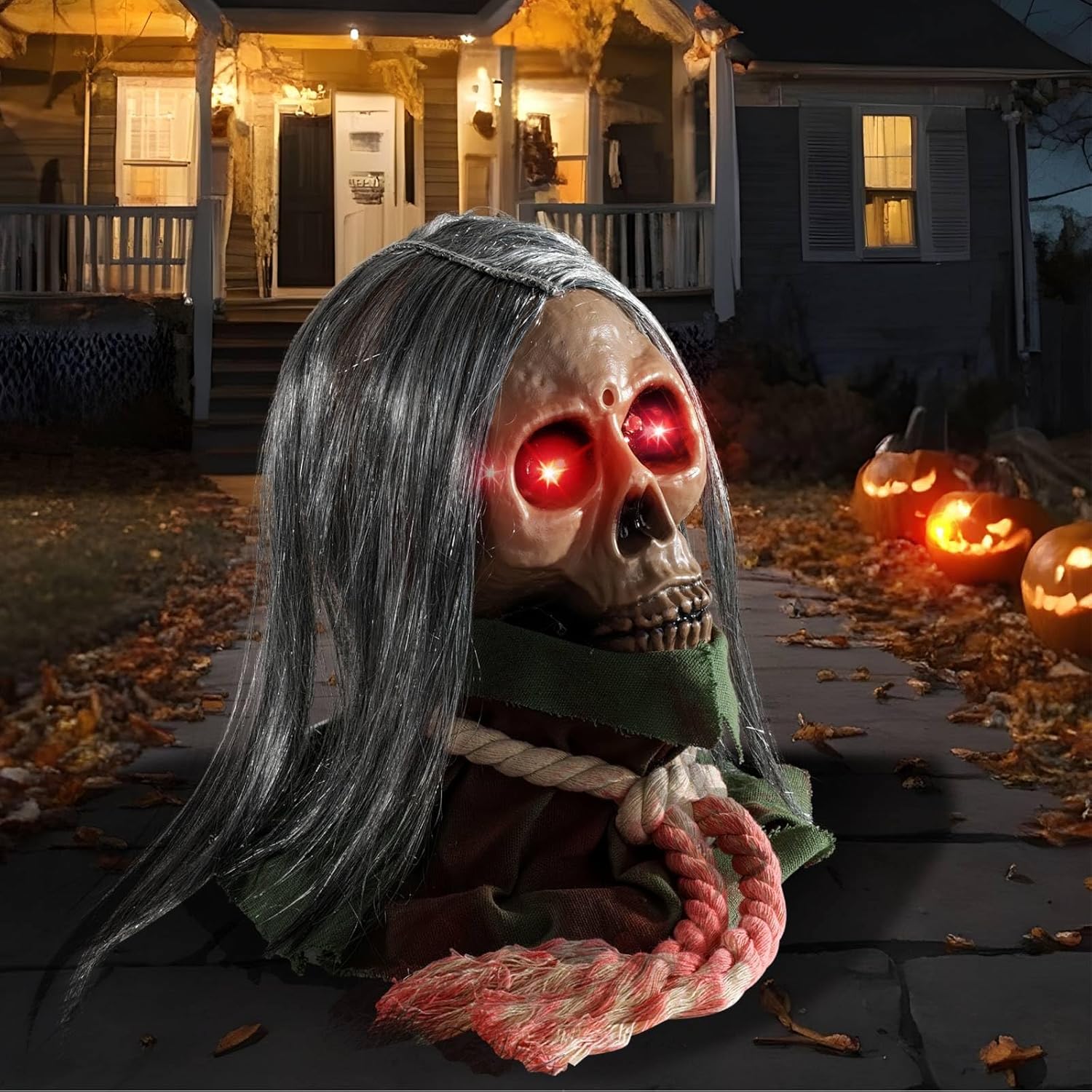 Halloween Animatronic Decorations,Creepy Moving Skeleton Prop with Sounds and Flashing Red Eyes,Voice-Activated Moving Skull Haunted House Prop for Halloween Outdoor Indoor Decor Lawn Ground Yard