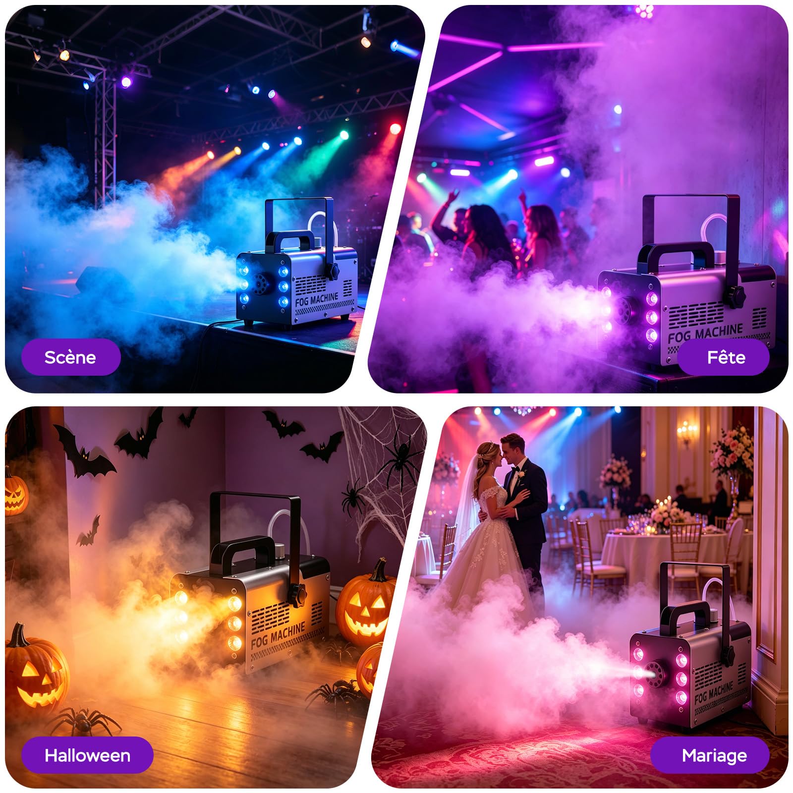 Machine à Fumée Mini Machine à Brouillard avec 6 LED Lumières Contrôlables en Couleur, 400 W avec télécommande, DJ Mariage Halloween Fête et Spectacle Noël Contrôle double mode