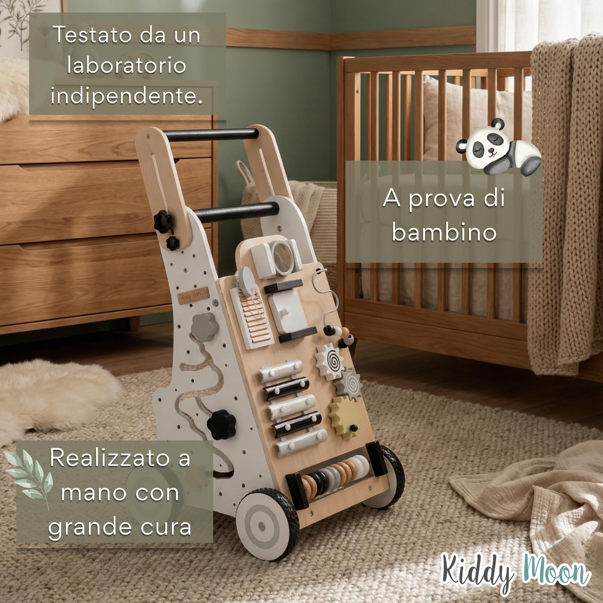 KiddyMoon Girello Interattivo In Legno Per Bambini Multifunzione Primi Passi WK-001, Bianco-Nero