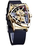 Skeleton Watches for Men, Automatic Mechanical Watch with Triangle Dial, Luminous Self Winding Watches Stainless Steel Bracelet or Soft Silicone Strap