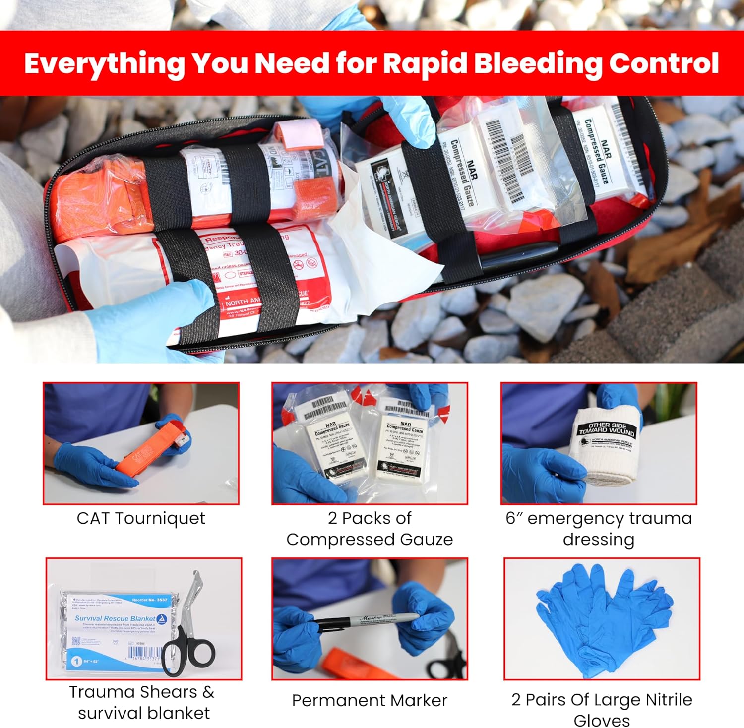 Basic Bleeding Control Kit from iThrive Medical - Stop The Bleed Kit with CAT Tourniquet, Trauma Dressing, Gauze & More - Public Access Emergency First Aid Kit in Red Nylon Bag