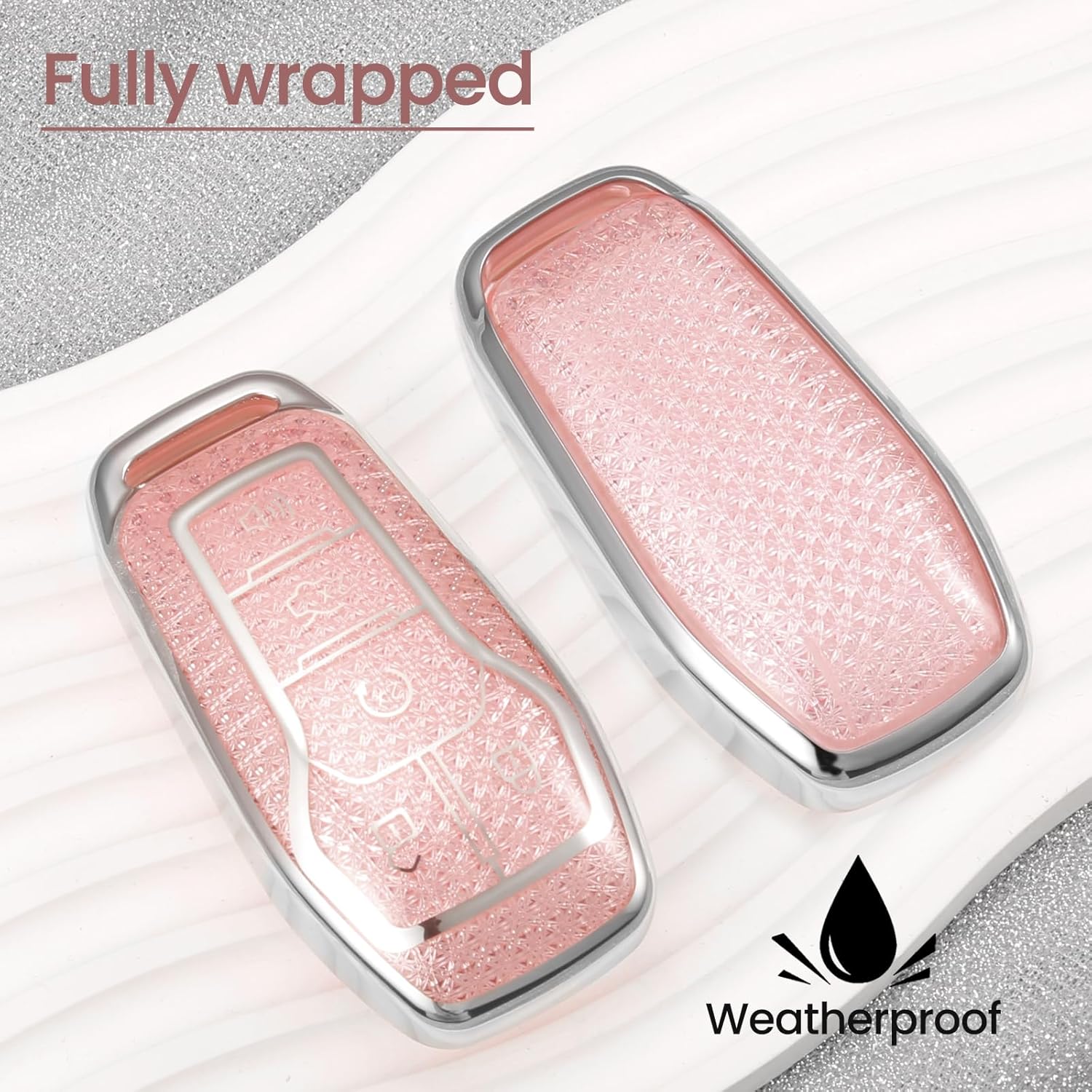 for Ford Key Fob Cover with Fashionable Zirconia Wristlet KeyChain, Enchanting Diamond Patterns Soft Case for Fusion Mustang F150-350 Edge Explorer Lincoln etc. (5 Button) Shell (Pink, A) - Image 2