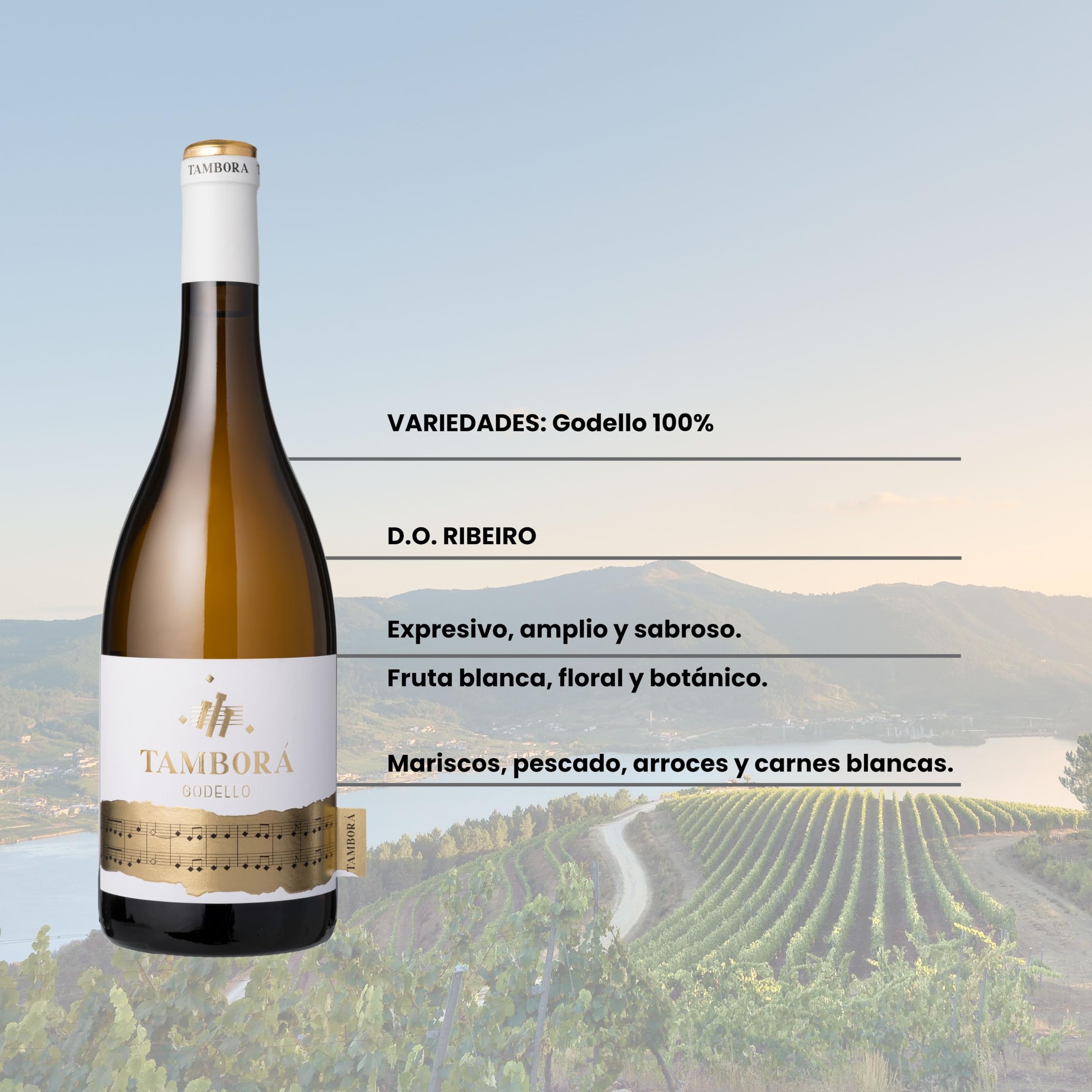 Tamborá Godello - Vino Blanco D.O. Ribeiro - Caja de 6 Botellas de 75 cl - Vino Gallego