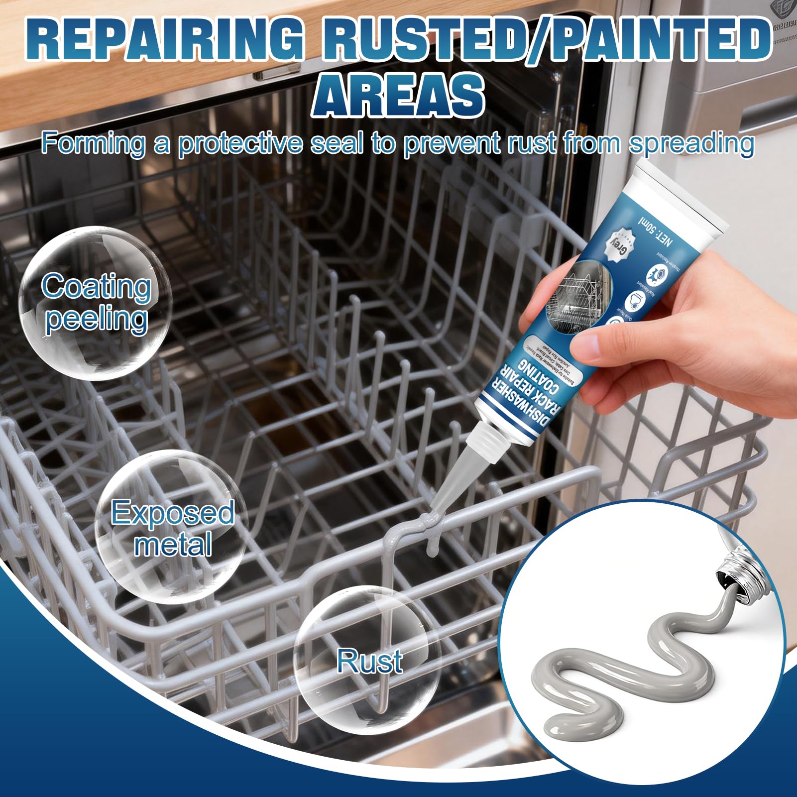 NoxGule Reparador Cesta Lavavajillas, Pintura para Cestas Lavavajillas, Rerack lavavajillas Gris, Fuerte Adherencia, Resistente al Agua, para Reparar Gomas Desprendidas en Cestas, Versión Mejorada — view 3