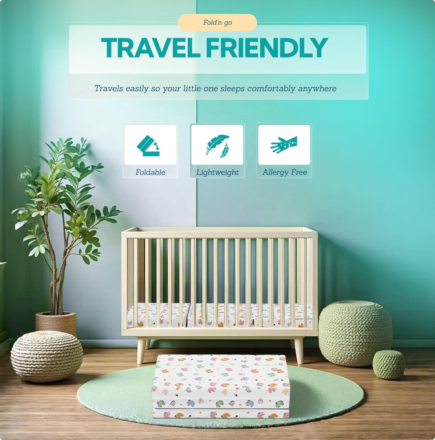 Trifold Pack and Play Mattress (38"x26"x1.5"), Baby Pack N Play Mattresses Pad for Playard with Carry Bag, Soft & Firm Memory Foam Dual Side, Portable Playpen Mattress Topper with Organic Cotton Cover