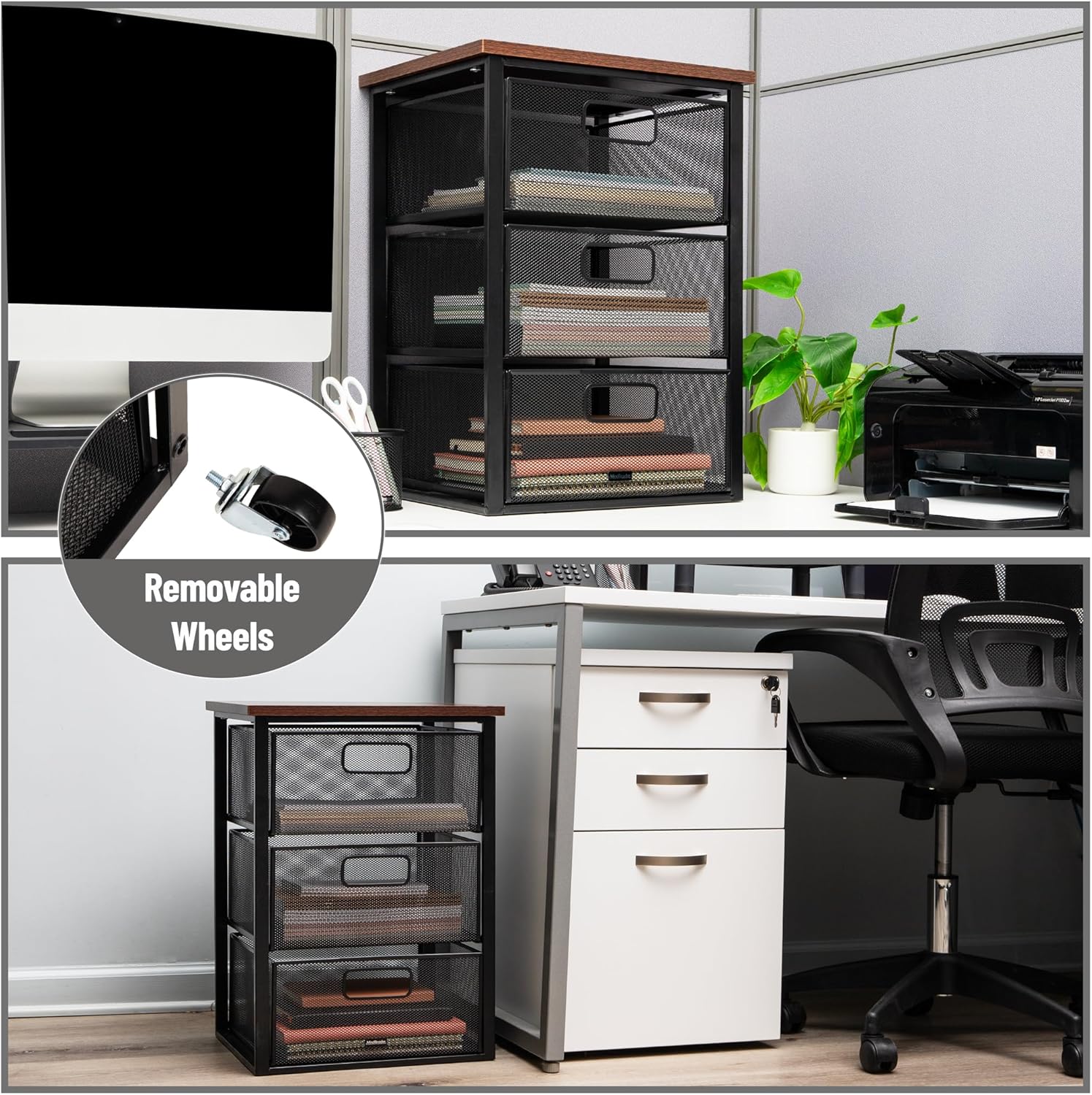 Mind Reader 3-Drawer Storage Organizer, Office Organizer with Wood Top, Multipurpose Portable Cabinet with Removable Wheels, Metal Mesh, Black - Image 5