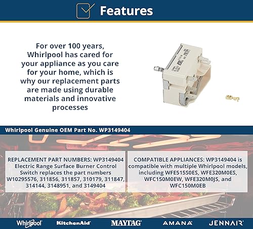 Miniatura 3 de Whirlpool WP3149404 Pieza de repuesto para interruptor de control de quemador de superficie de rango eléctrico original OEM, reemplaza a W10295576,