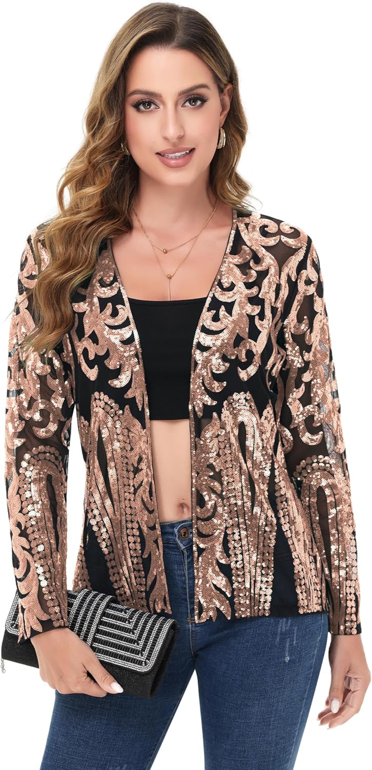 Anna-Kaci Women's Sparkly Sequin Cardigan Long Sleeve Open Front Glitter Party Evening Jacket - Image 4