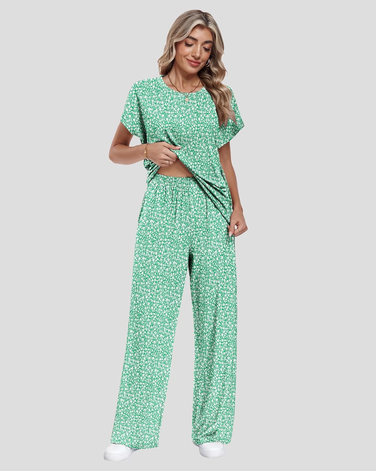 AUSELILY Women's Batwing Short Sleeve Two Piece Sets Summer Crew Neck Wide Leg Pants Matching Sets Women Clothing 2026 - Image 3