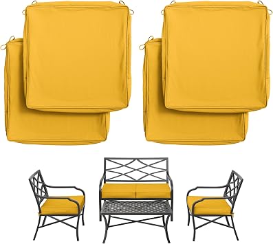 4 Pcs Patio Cushion Covers 19x19x3 Inch Waterproof Outdoor Chair Cushion Covers Replacement for Outdoor Furniture,Anti-Slip Seat Cushion Cover with Handle & Ties,Cover Only,Yellow