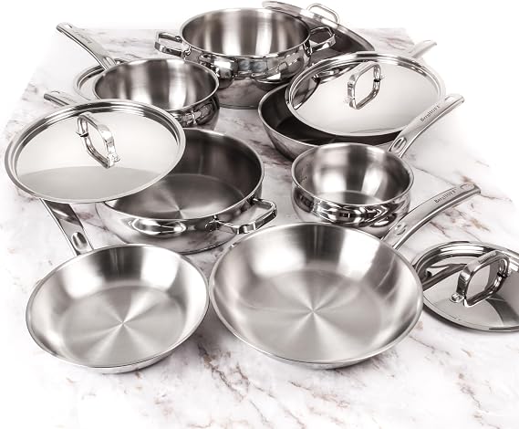 BergHOFF Belly Shape 18/10 Stainless Steel 12Pc Cookware Set, Metal Lids, Fast, Evenly Heat, Induction Cooktop Ready
