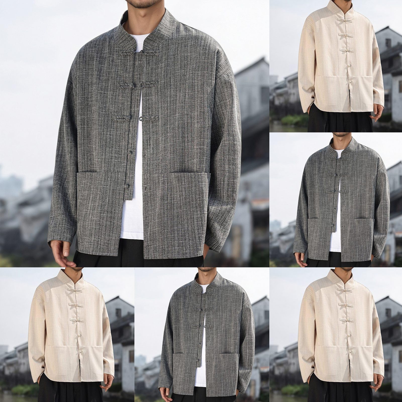 Costume tang pour homme - Blazer en lin pour le printemps et l'été - Veste de costume simple - Bouton cranté - Veste avec poche - Style rétro traditionnel - Mélange coton et lin - Col montant