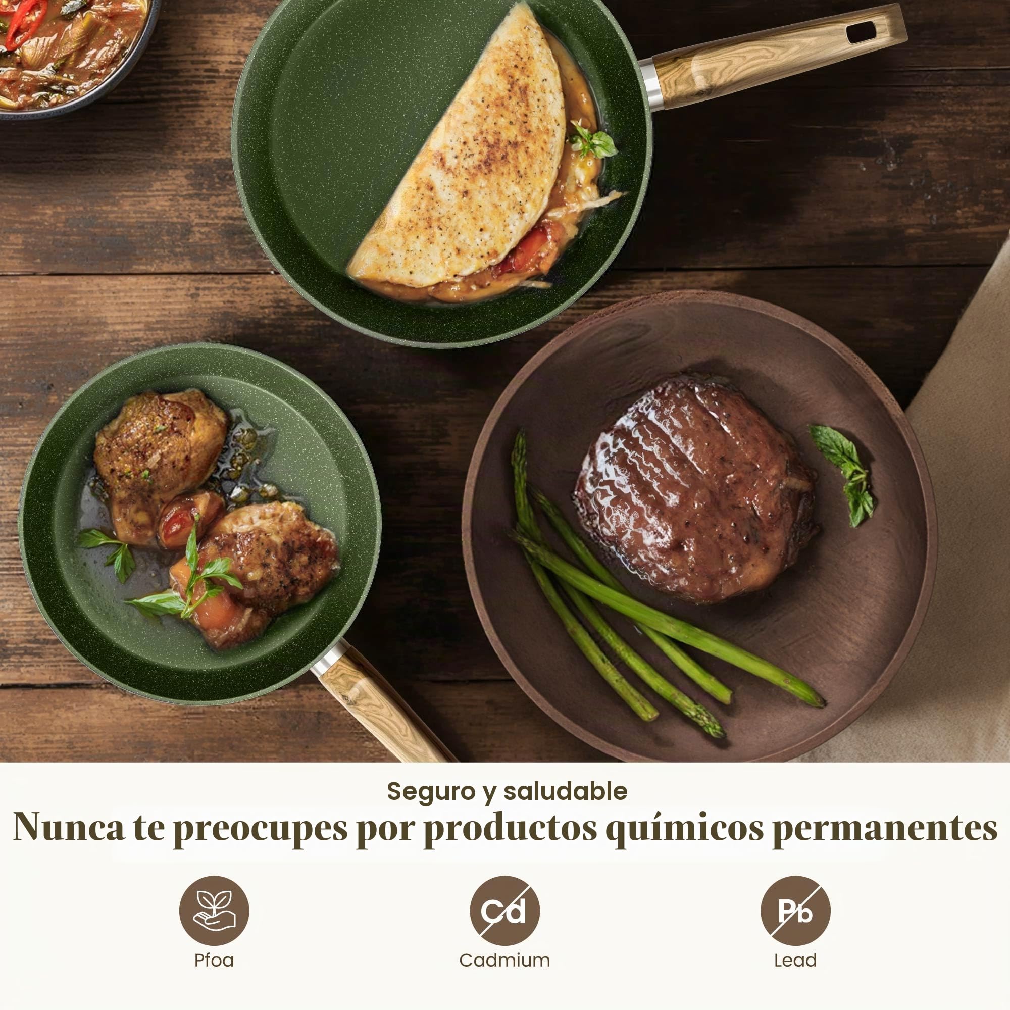 Kitchen Academy Juego de utensilios de cocina antiadherentes de granito, 12 piezas, compatible con inducción, juego de sartenes verdes con sartén y cacerola, sin PFOA