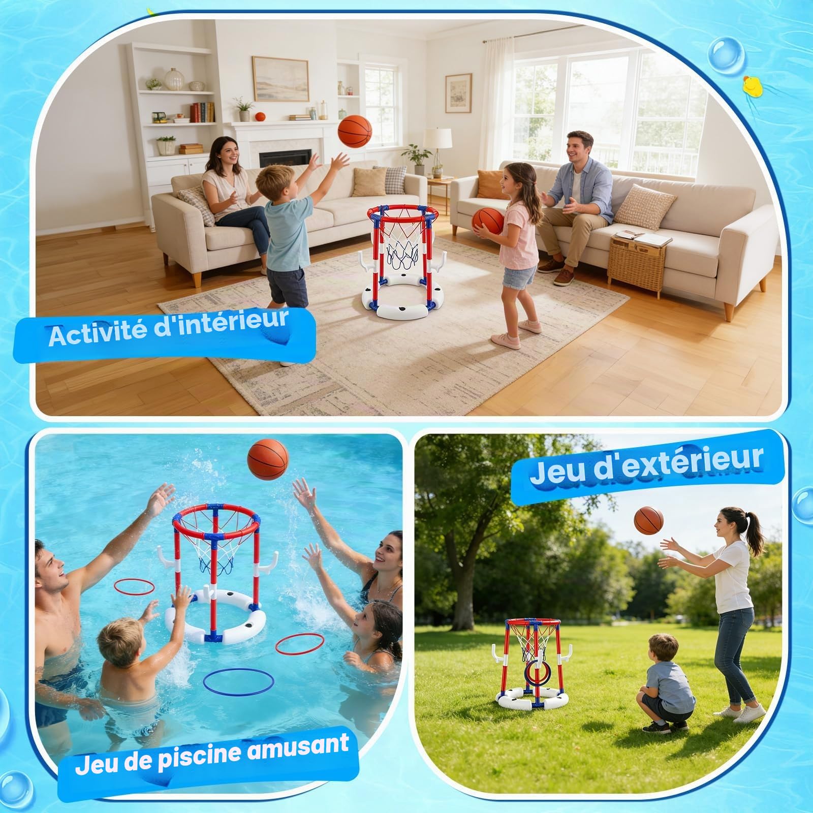 Panier de Basket 2 en 1 Flottant avec Jeu de Lancer d'Anneaux, Jouets de Piscine Gonflables pour Enfants et Adultes, 4 Ballons, 12 Anneaux et Pompe Inclus, Idéal pour Piscine, Plage