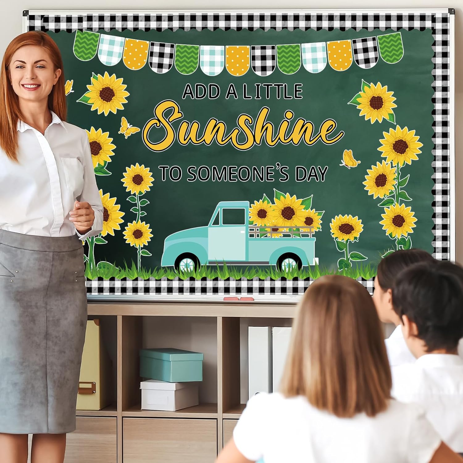 ZOIIWA Sunflower Bulletin Board Decorations, Spring Summer Sunflower Truck Classroom Bulletin Board Set with Black Plaid Borders Sunflower Cutouts for Back to School Teacher Supplies Office Wall Decor