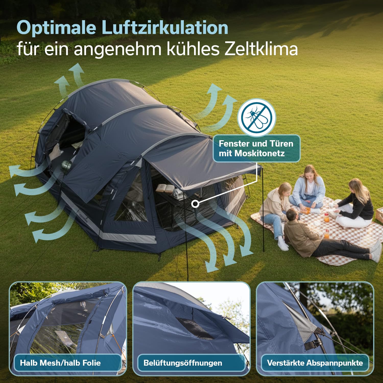 Skandika Tienda de campaña Tipo túnel Kambo Sleeper Protect | para 3/4 Personas - Suelo Cosido - Columna de Agua de 3000 mm - 3 entradas - toldo