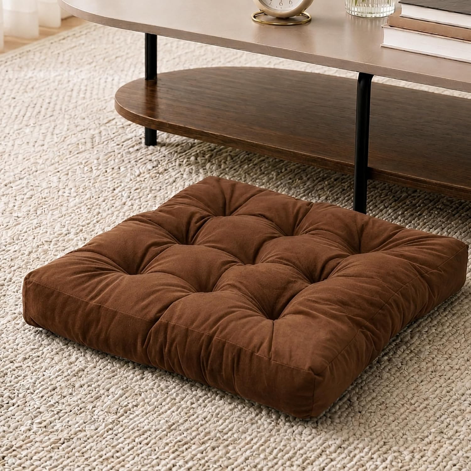Floor Pillow for Adults, Soft Velvet Floor Cushion for Sitting, Single Square Tufted Floor Pillow for Reading Nook, Living Room, Bedroom, 22 x 22 Inch, Brown