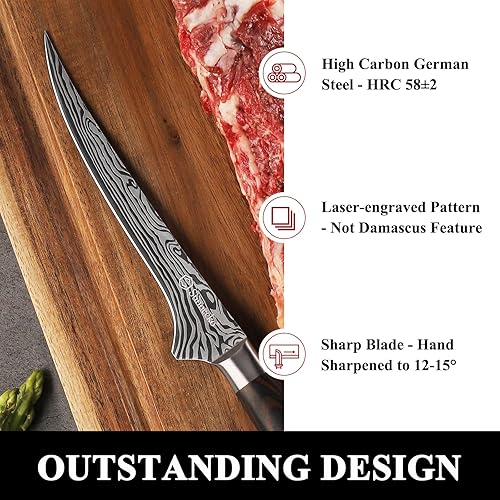 Miniatura 2 de Sunnecko Cuchillo deshuesador de 6 pulgadas para cortar carne, cuchillo de tallar de 12 pulgadas para carne, acero al carbono alemán con mango de